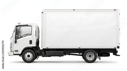 A white commercial delivery truck isolated on a white background side view with delivery transport logistics commercial shipping isolated background transportation