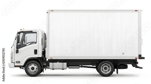Side view of a clean white box truck for cargo delivery isolated on white background with delivery transport logistics commercial shipping distribution transportati