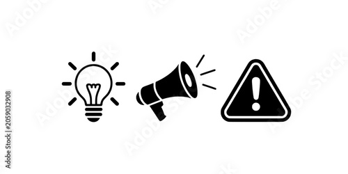 Light Bulb, Megaphone and Warning Triangle Icons Representing Ideas, Announcements and Caution for Business Communication