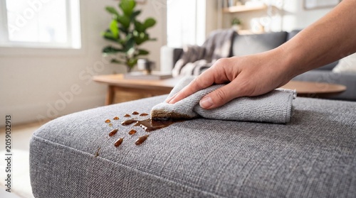 Cleaning a coffee spill on stain resistant grey fabric couch with a cloth