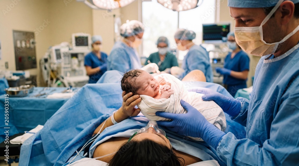 Obraz premium Newborn baby presented to mother after cesarean delivery in operating room.
