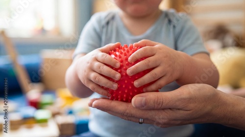 Child holding red spiky sensory ball during tactile stimulation therapy