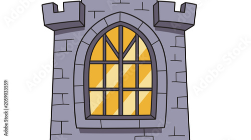 Illustrative castle tower with an arched window in gray color  