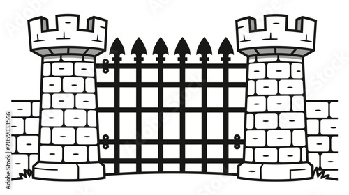 Castle gate with stone towers and wrought iron fence design  