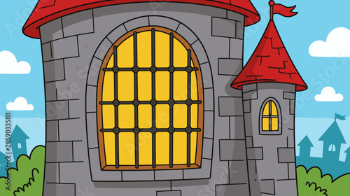 Cartoon castle with red roofs and large windows in sunny landscape  