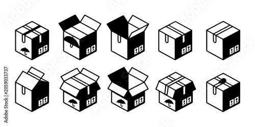 Package Icons Set with Open Boxes and Arrows, Black and White Vector-Style Illustrations for Logistics and Delivery Concepts