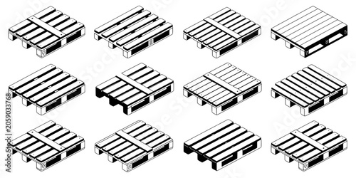 Pallet Set Icons with Black and White Isometric 3d Warehouse Containers on Transparent Background Featuring Logistics, Supply Chain, Cargo With