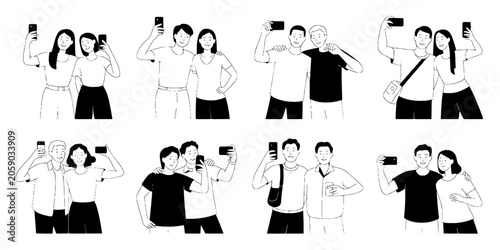 People Using Mobile Phones and Cameras, Group Poses in White Background Illustration Style with Line Art and Flat Colors