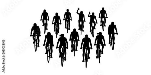 People Walking in a Crowd Silhouette, Diverse Group Figures with Directional Motion, Minimalist Black Icon Style on White Background