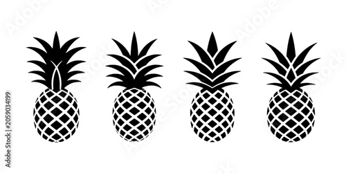 Pineapples with Spiky Leaves and Textured Bodies in a Row Featuring Pineapple, Fruit, Tropical with Texture and Pattern Elements for Black, White