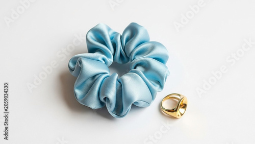 Light Blue Silk Scrunchie and Gold Ring on White