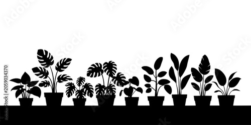Plant Silhouette Garden with Potted Leaves and Stems on a White Background, Minimalist Cutout Style Featuring Leaf, Stem, Foliage with Planter And