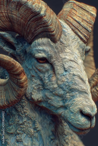 Surreal Blue Ram with Elaborate Horns as Shofar Musical Concept