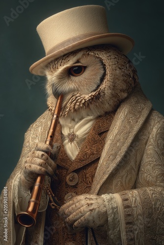 Anthropomorphic Owl in Formal Suit and Top Hat Blowing Shofar