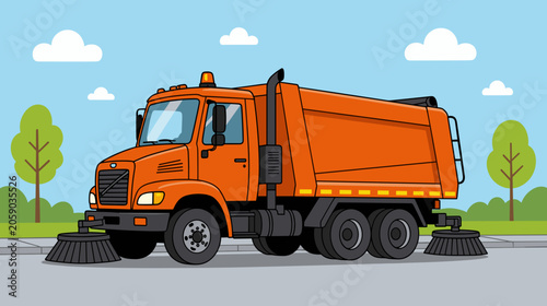 Street cleaning truck in urban landscape with trees and blue sky  