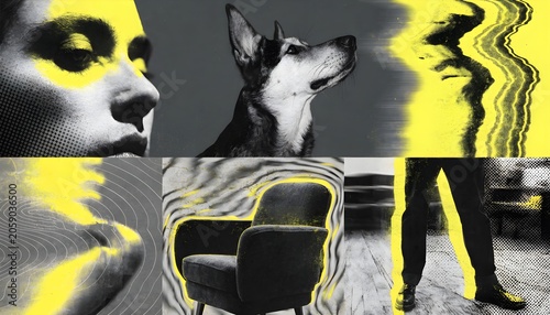Abstract surreal collage with digital glitch effects featuring a dog and interior furniture abstract furniture distorted composition contrast experimental creative monochrome distortion