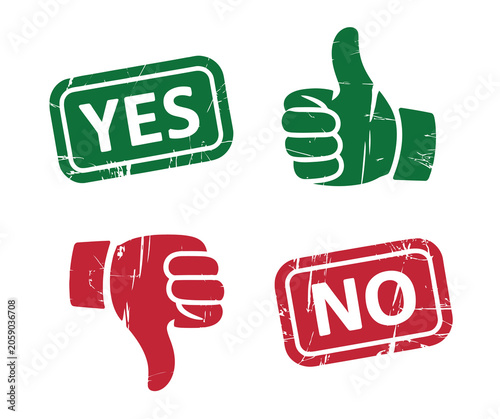Grunge yes and no rubber stamp vector icons with thumbs up and thumbs down symbols for approval, rejection, feedback, voting, and quality assessment design projects
