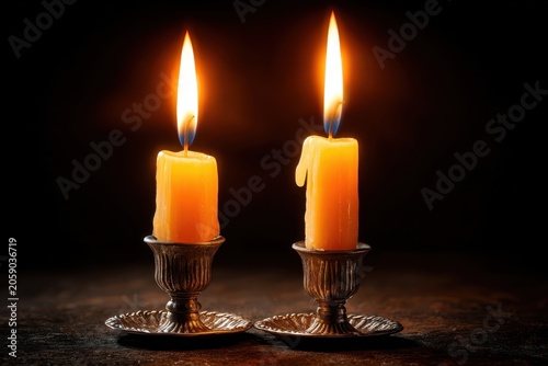 Two Shabbat Candles Burning with Warm Glow on Dark Background