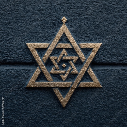 Gold Star of David Embossed on Dark Blue Textured Wall in Bold Graphic Style