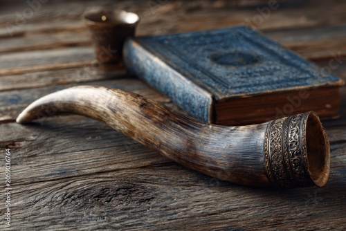 Shofar Horn and Ornate Prayer Book on Rustic Wooden Surface, Still Life