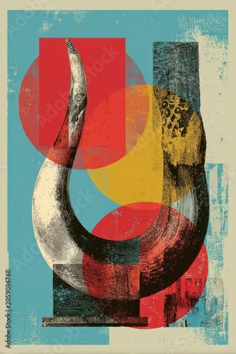 Shofar Silkscreen Print with Bold Graphic Shapes in Modern Jewish Art Style