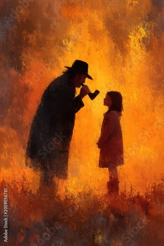 Silhouette of Elder and Child Listening to Shofar in Warm Orange Painting Style
