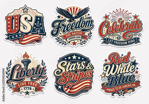 Retro USA Independence Day Typography Sticker Layout Set