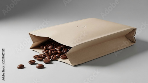 Coffee Beans Spill from Kraft Paper Bag on Gray Surface