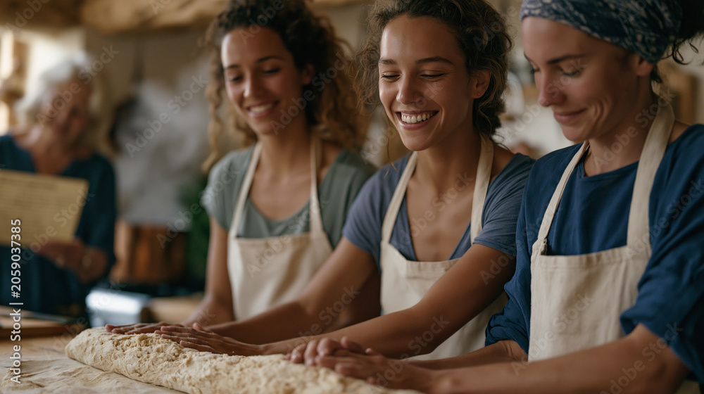 Fototapeta premium Two adult sisters working side by side in a domestic kitchen rolling dough together and laughing at a shared memory while a grandmother nearby reads aloud from a handwritten