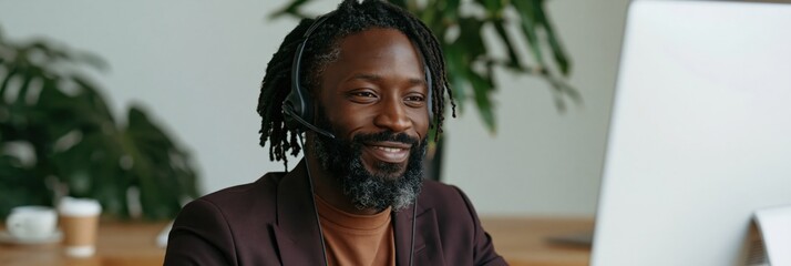 Professional male call center agent wearing headset and smiling at computer for virtual support banner and customer experience background