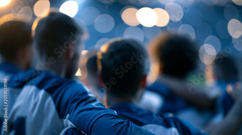 Faceless soccer team gathered in a pre-game huddle on the field, motivational energy before competition, defocused stadium in background, team strategy concept photography,