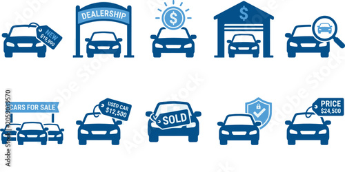 Car dealership icons and symbols set on transparent background with price tags.