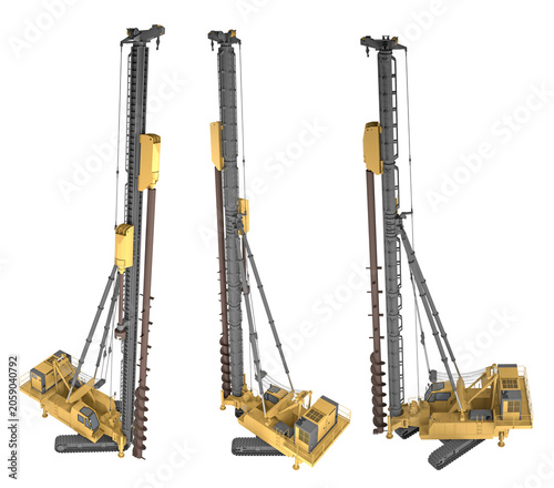 Фотография Heavy industrial crawler piling rig with a continuous flight auger drill for deep foundation engineering, shown from three distinct angles