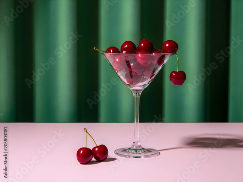 A martini glass filled with cherries on a pink table with green curtains