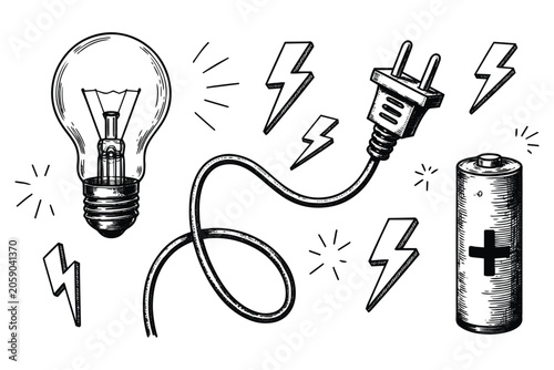 Electricity and power concept set with light bulb electric plug lightning bolts and battery hand drawn vector illustration