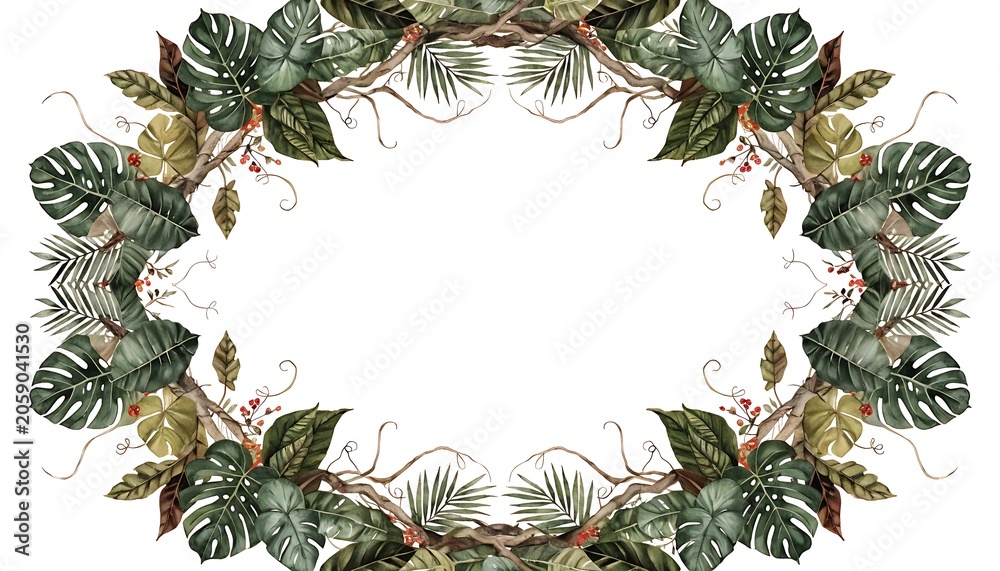 Fototapeta premium Watercolor hand painted frame With tropical green leaves With shadow. AI GENERATED.