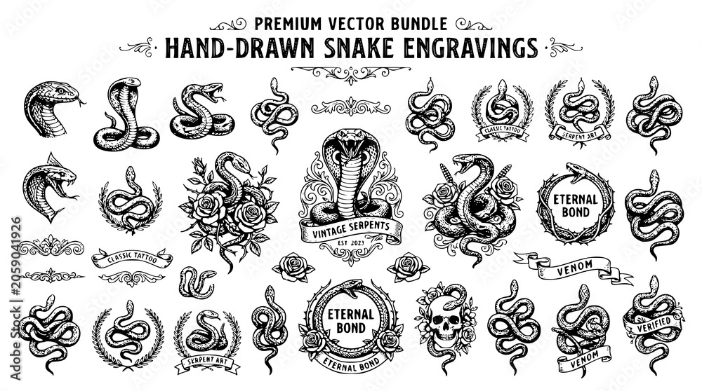 Fototapeta premium Vintage snake vector bundle with cobra viper and engraved tattoo elements