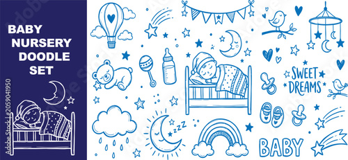 Canvastavla Baby nursery doodle set hand drawn child sleeping elements collection