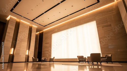Modern Office Lobby with Elegant Seating and Large Illuminated Wall
