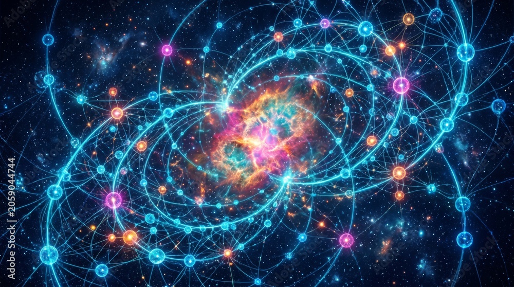 Fototapeta premium Quantum physics magnetic field lines over a glowing cosmic nebula background with digital data nodes
