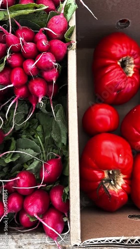 Colorful assortment of fresh organic produce at a local farmers market. Radishes, heirloom tomatoes, and yellow cherry tomatoes ready for sale in slow motion video