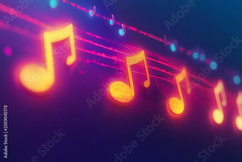 Glowing yellow musical notes float over a vibrant purple and blue background with sound waves.