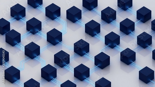 Abstract representation of blockchain technology with interconnected cubes and glowing blue data pathways.