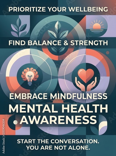 Mental health awareness poster with brain heart and mindfulness illustration vector graphic