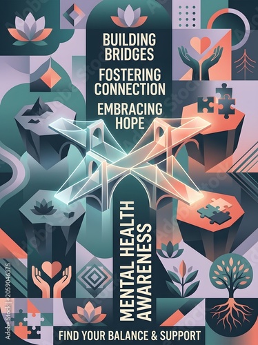 Mental health awareness poster with brain illustration and supportive elements vector graphic