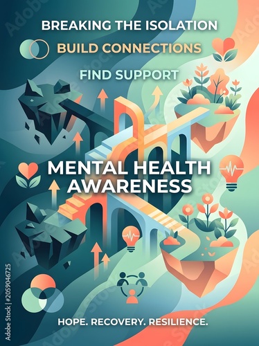Mental health awareness illustration with abstract shapes and supportive imagery vector graphic