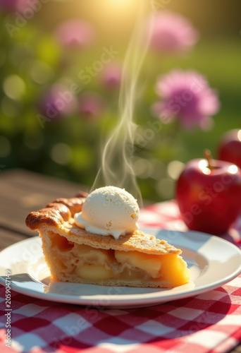 Apple Pie Picnic Vibes Slice Vanilla Ice Cream Checkered Tablecloth Outdoor Feast Sweet Delight
