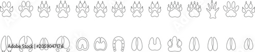 Animal Foot Print Icon Set Collection and Group, Pawtrack, Pawmark, Footstep, Hoofprint, Clawmark, Wildlife Track Vector Pack in Flat and Line Style Isolated Design