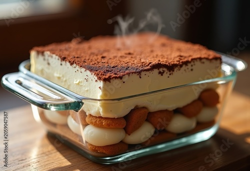 Classic Tiramisu Cocoa Powder Dusting Glass Casserole Layers Sweet Creamy Chocolate Indulgence