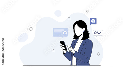 Businesswoman using smartphone for communication and Q&A, vector illustration with abstract background